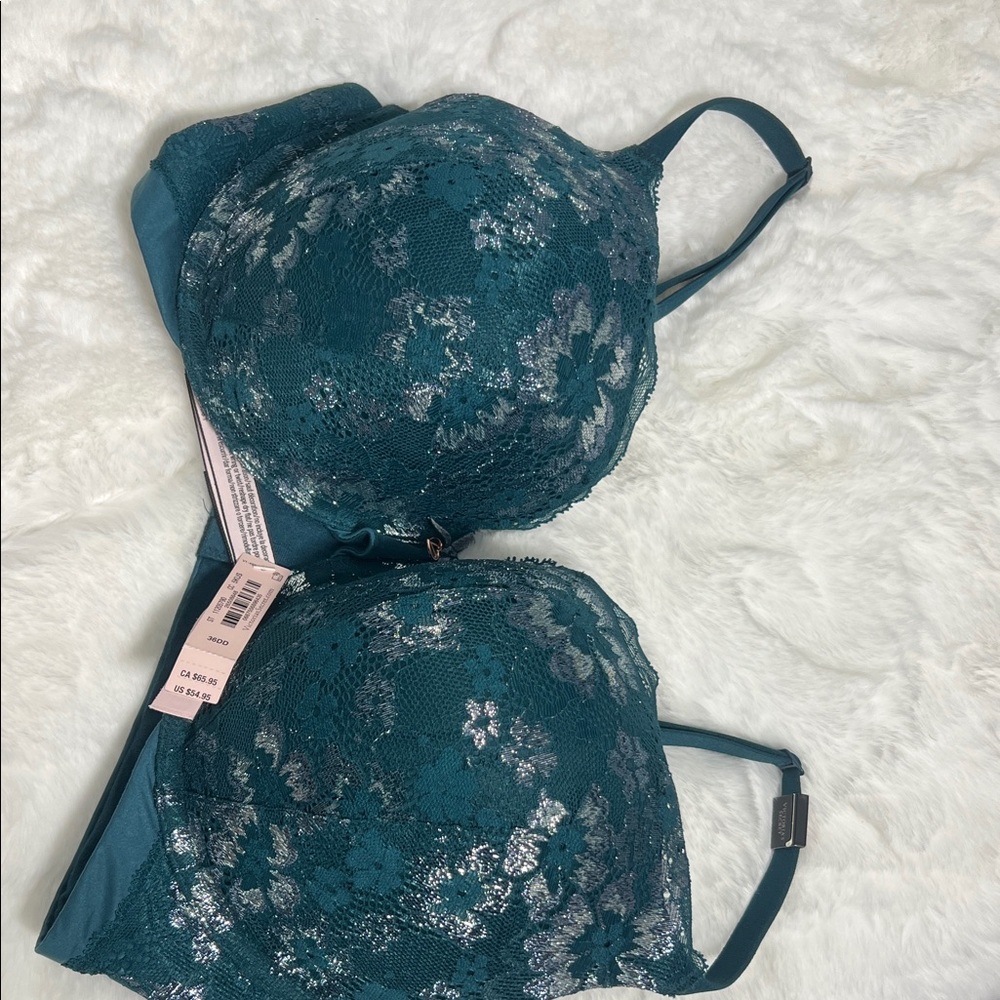 Victoria Secret Teal Lace Push-Up Bra with Silver Accents 36 DD